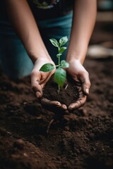 Woman hands holding green plant with soil background. Earth day concept.