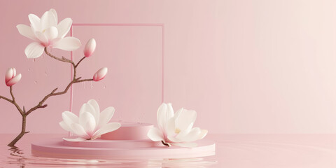 Serene Pink Magnolias on a Reflective Water Surface - A Tranquil Display with Copy Space, AI Generative.