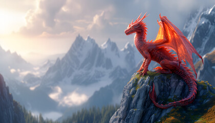 A mighty red dragon on a mountain peak - obrazy, fototapety, plakaty