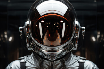 Fototapeta premium close-up of a futuristic astronaut on a black background, ready to go into space