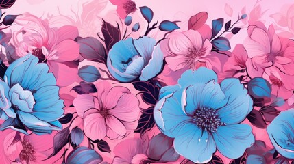 Leaves, blue and pink flowers on a light background. Decor design for printing, wallpaper, textiles, interior design, packaging, invitations. Delicate floral texture.