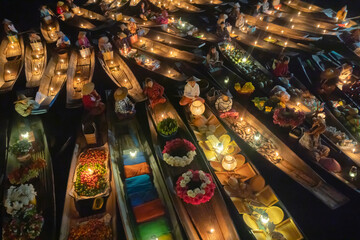 Damnoen Saduak Floating Market or Amphawa. Local people sell fruits, traditional food on boats in...