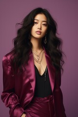 Fototapeta premium Portrait of a beautiful asian woman with long curly hair.