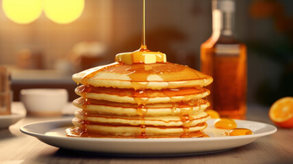 A delicious breakfast of fluffy pancakes stacked high on a plate, drizzled with golden maple syrup and topped with a melting pat of butter
