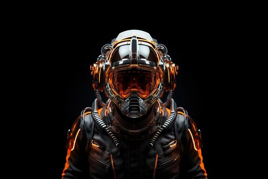 close-up of futuristic astronaut on black background