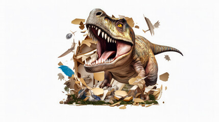 An impressive rear illustration of a tyrannosaurus bursting out of a sheet of paper