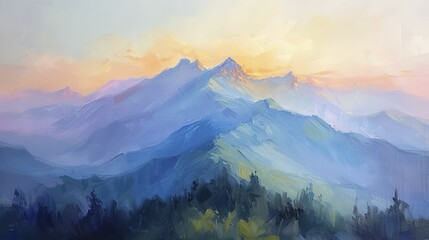 Oil painting of a mountain landscape with sunrise colors and shadows 