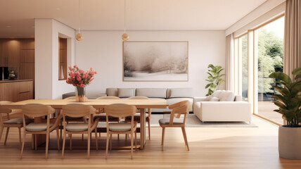 Fototapeta premium Modern interior design of apartment, dining room with table and chairs, empty living room