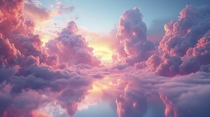 Pink magenta fantastic 3d clouds on the floor, sky and landscape. Gentle colors and with bright lights.  - obrazy, fototapety, plakaty