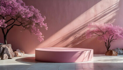 Whimsical Whorl: Round Pink Podium Stands Out Against Pink Wall