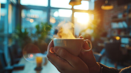 Close-up of hands holding a steaming espresso cup focused on the cup with a blurred background of a rustic cafe