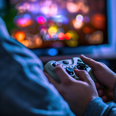 Close-up of a hands holding a Game joystick focused on joystick a blurred background