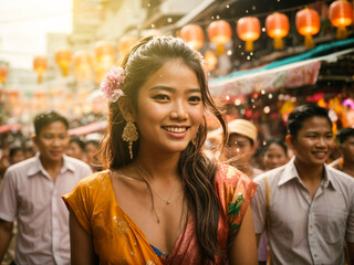 Naklejka premium teenagers in the year 2024 dressed in trendy attire engaging in a modernized SONG-KRAN water festival in Thailand. crowded with people playfully wield water guns, splash water, and colorful powders. 