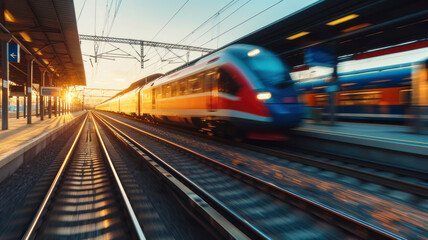 High speed train motion  railway station sunset. Fast moving modern passenger train railway platform Railroad motion blur effect