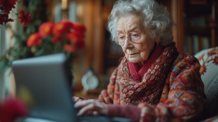 Elderly Woman Using a Laptop at Home