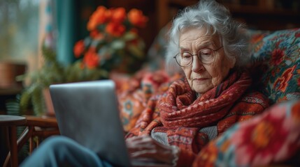 Elderly Woman Engrossed in Laptop Use