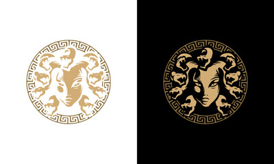Creative Medusa head snake logo. Vector illustration of medusa face and snake hair on black background © arsyaka