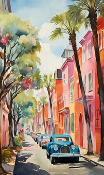 Charleston south Carolina street colorful wall art painting wallpaper background