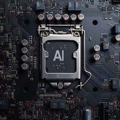 Illustration, top view of a complex modern technology computer motherboard with the text "AI" on the chipset in the middle. Modern technologies.