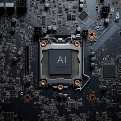 Fototapeta premium Illustration, top view of a complex modern technology computer motherboard with the text 