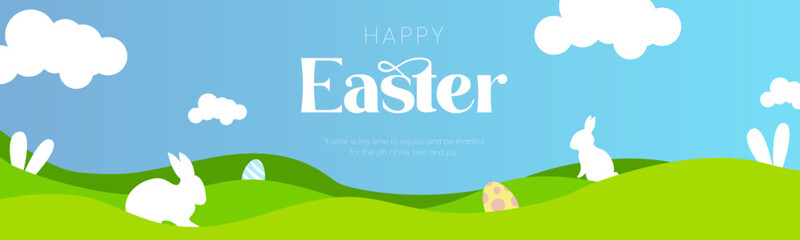 Naklejka premium Background with clouds, eggs, rabbits and banner, poster, vector illustration. Happy Easter greeting card 