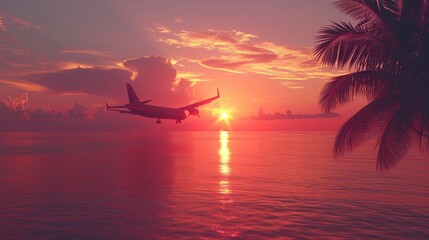 Airplane flying above tropical sea at sunset