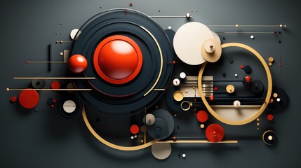 A sophisticated 3D abstract with geometric shapes in red and gold