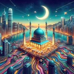 Eid Mubarak festival, abstract modern art, and Hong Kong city.