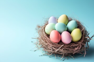 Naklejka na ściany i meble Happy Easter day decoration colorful eggs in nest, top view, pastel color background, with copyspace