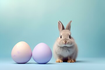 Obraz premium Easter bunny rabbit with sweet color egg on pastel background, with copyspace, Easter holiday concept