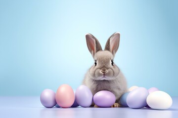 Fototapeta premium Easter bunny rabbit with sweet color egg on pastel background, with copyspace, Easter holiday concept