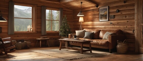 Cozy cabin interior with wooden background