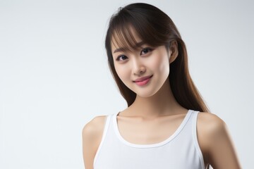 Sweet little girl donning comfy vest lingerie, posing with confidence on a clean white surface. Generative AI.