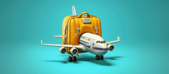 travel backpack and airplane on a blue background