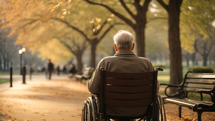A silhouette of a lonely old man sitting on a wheelchair in a park - obrazy, fototapety, plakaty