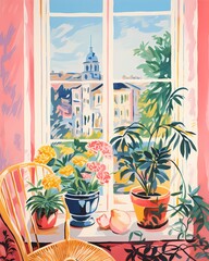 Matisse print style vintage open window to flowers pocket garden colorful wall art painting wallpaper background