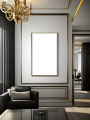 Mockup poster frame on the wall of living room. Luxurious apartment background with contemporary design. Modern interior design. 3D render, 3D illustration.