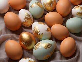 Huevos de gallina blancos con detalles de filigrana, huevos decorados de dorado para fiestas de Pascua. 