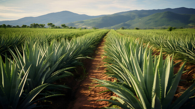 plantation of aloe growing in rows, a view of the mountains and the setting sun in the background