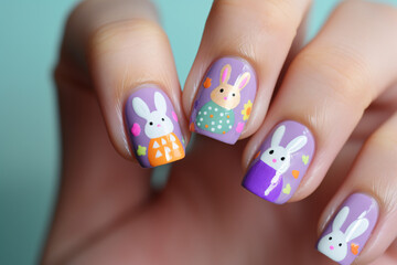 Woman's fingernails with cute Easter nail polish design with colorful bunnies on purple base