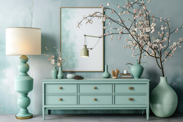 Modern mint color living room interior with light green chest of drawers, vases and lamp 