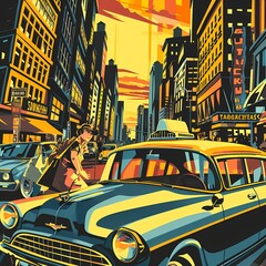 Retro poster style of travelers in the city using taxi