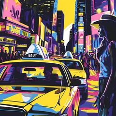 Retro poster style of travelers in the city using taxi - obrazy, fototapety, plakaty