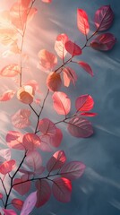 Radiant Red Leaves Against Moody Blue Botanical Backdrop. Background for Instagram Story, Banner