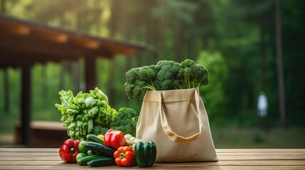 A shopper's bag filled with fresh vegetables demonstrating a healthy lifestyle. A bag made of eco-friendly material on a wooden surface in the garden or vegetable garden.