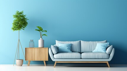 light blue sofa on modern living room with blue colored walls