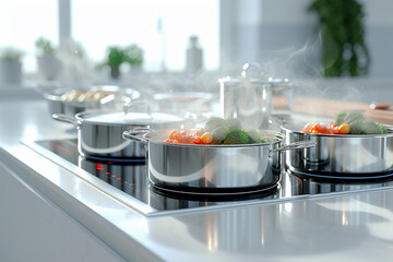 Pots of simmering food in a bright modern kitchen. AI generative.