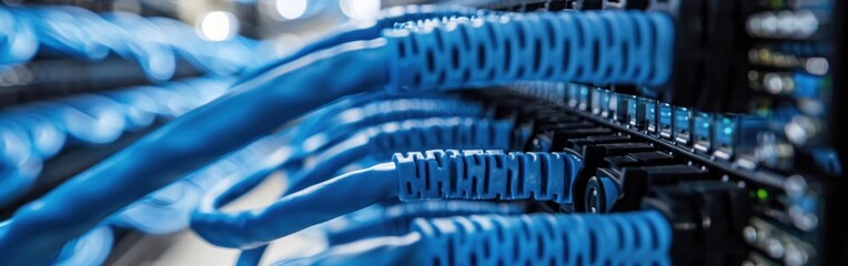 network cables connected to switch - closeup of data center hardware technology. Banner.