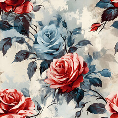 Vintage floral painting on grunge backdrop. Seamless pattern with muted color roses. Print decor. 