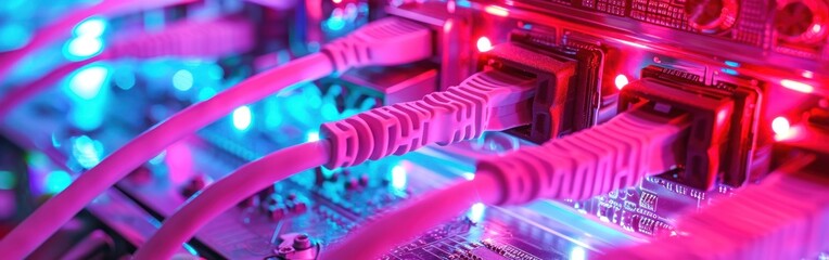 Fiber Optic cables connected to an optic ports in a data center. Banner. - obrazy, fototapety, plakaty